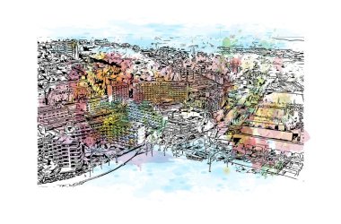 Santa Ponsa, İspanya 'da yer alan bir şehirdir. Vektörde elle çizilmiş resim ile suluboya sıçraması.