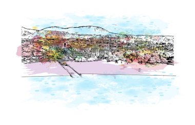 Santa Ponsa, İspanya 'da yer alan bir şehirdir. Vektörde elle çizilmiş resim ile suluboya sıçraması.