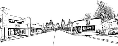 Santa Rasa 'nın simgesi olan Print Building View Kaliforniya' da bulunmaktadır. Vektörde elle çizilmiş çizim çizimi.