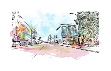 Santa Rasa 'nın simgesi olan Print Building View Kaliforniya' da bulunmaktadır. Vektörde elle çizilmiş resim ile suluboya sıçraması.