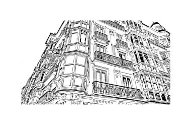 Santander 'in simgesi olan Print Building View, İspanya' nın başkentidir. Vektörde elle çizilmiş çizim çizimi.
