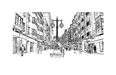 Santander 'in simgesi olan Print Building View, İspanya' nın başkentidir. Vektörde elle çizilmiş çizim çizimi.