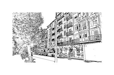 Santander 'in simgesi olan Print Building View, İspanya' nın başkentidir. Vektörde elle çizilmiş çizim çizimi.