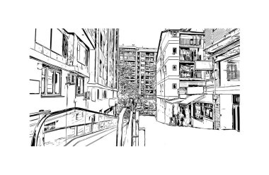 Santander 'in simgesi olan Print Building View, İspanya' nın başkentidir. Vektörde elle çizilmiş çizim çizimi.