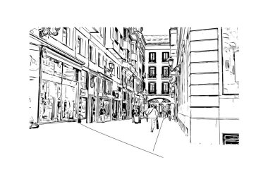 Santander 'in simgesi olan Print Building View, İspanya' nın başkentidir. Vektörde elle çizilmiş çizim çizimi.