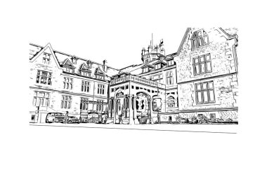 Santander 'in simgesi olan Print Building View, İspanya' nın başkentidir. Vektörde elle çizilmiş çizim çizimi.