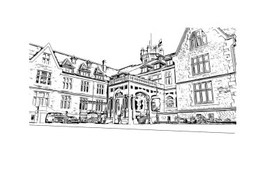 Santander 'in simgesi olan Print Building View, İspanya' nın başkentidir. Vektörde elle çizilmiş çizim çizimi.