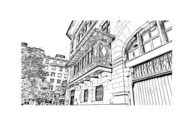 Santander 'in simgesi olan Print Building View, İspanya' nın başkentidir. Vektörde elle çizilmiş çizim çizimi.