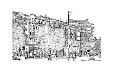 Santander 'in simgesi olan Print Building View, İspanya' nın başkentidir. Vektörde elle çizilmiş çizim çizimi.