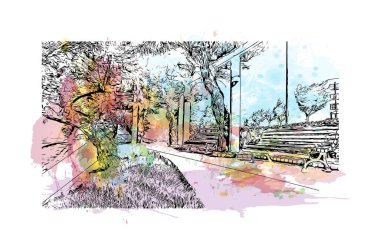 Santander 'in simgesi olan Print Building View, İspanya' nın başkentidir. Vektörde elle çizilmiş resim ile suluboya sıçraması.