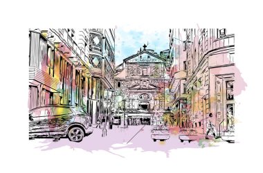 Santander 'in simgesi olan Print Building View, İspanya' nın başkentidir. Vektörde elle çizilmiş resim ile suluboya sıçraması.