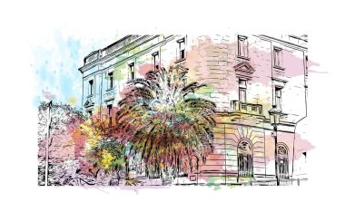 Santander 'in simgesi olan Print Building View, İspanya' nın başkentidir. Vektörde elle çizilmiş resim ile suluboya sıçraması.