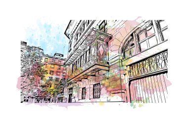 Santander 'in simgesi olan Print Building View, İspanya' nın başkentidir. Vektörde elle çizilmiş resim ile suluboya sıçraması.