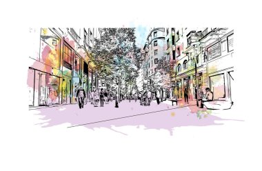 Santander 'in simgesi olan Print Building View, İspanya' nın başkentidir. Vektörde elle çizilmiş resim ile suluboya sıçraması.