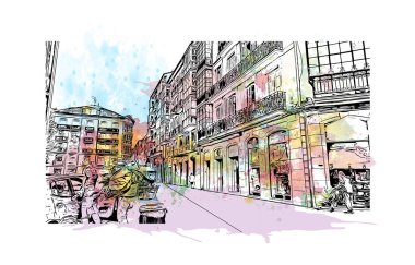Santander 'in simgesi olan Print Building View, İspanya' nın başkentidir. Vektörde elle çizilmiş resim ile suluboya sıçraması.
