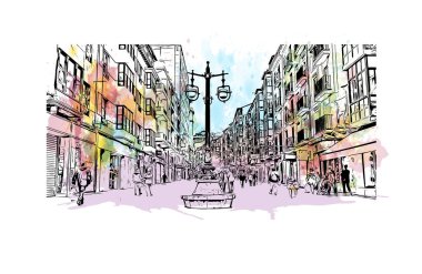 Santander 'in simgesi olan Print Building View, İspanya' nın başkentidir. Vektörde elle çizilmiş resim ile suluboya sıçraması.