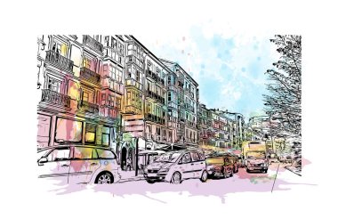 Santander 'in simgesi olan Print Building View, İspanya' nın başkentidir. Vektörde elle çizilmiş resim ile suluboya sıçraması.