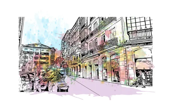 Santander 'in simgesi olan Print Building View, İspanya' nın başkentidir. Vektörde elle çizilmiş resim ile suluboya sıçraması.