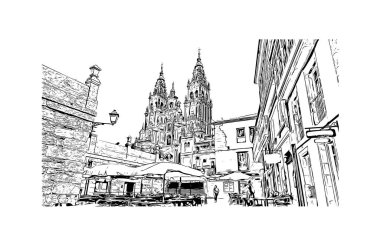 Santiago de Compostela, İspanya 'da bir şehirdir. Vektörde elle çizilmiş çizim çizimi.