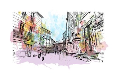 Santiago de Compostela, İspanya 'da bir şehirdir. Vektörde elle çizilmiş resim ile suluboya sıçraması.