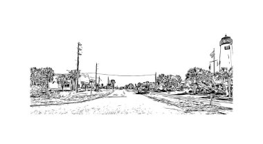 St. George Adası manzaralı Print Building, Florida 'da bir adadır. Vektörde elle çizilmiş çizim çizimi.