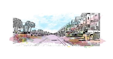 St. George Adası manzaralı Print Building, Florida 'da bir adadır. Vektörde elle çizilmiş resim ile suluboya sıçraması.