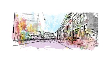 Stamford, ABD 'de yer alan bir şehirdir. Vektörde elle çizilmiş resim ile suluboya sıçraması.