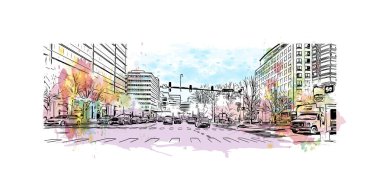 Stamford, ABD 'de yer alan bir şehirdir. Vektörde elle çizilmiş resim ile suluboya sıçraması.