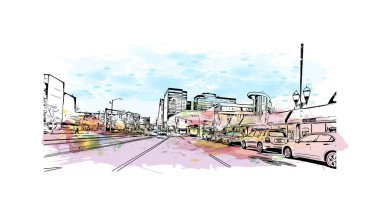 Stamford, ABD 'de yer alan bir şehirdir. Vektörde elle çizilmiş resim ile suluboya sıçraması.