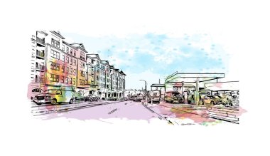 Stamford, ABD 'de yer alan bir şehirdir. Vektörde elle çizilmiş resim ile suluboya sıçraması.