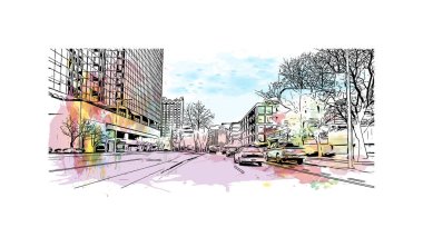 Stamford, ABD 'de yer alan bir şehirdir. Vektörde elle çizilmiş resim ile suluboya sıçraması.