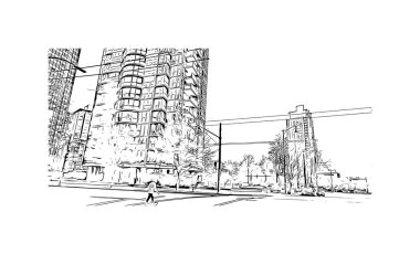 Falkland 'ın başkenti Stanley' nin dönüm noktası olan Print Building view 'dir. Vektörde elle çizilmiş çizim çizimi.