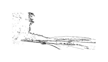 Falkland 'ın başkenti Stanley' nin dönüm noktası olan Print Building view 'dir. Vektörde elle çizilmiş çizim çizimi.