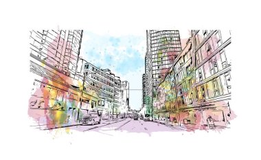 Falkland 'ın başkenti Stanley' nin dönüm noktası olan Print Building view 'dir. Vektör içinde el çizimi çizimi eşkali ile suluboya sıçraması.