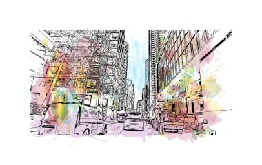 Falkland 'ın başkenti Stanley' nin dönüm noktası olan Print Building view 'dir. Vektör içinde el çizimi çizimi eşkali ile suluboya sıçraması.