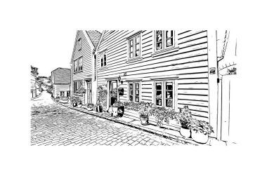 Print Building view with landmark of Stavanger is the city in Norway. Vektörde elle çizilmiş çizim çizimi. 