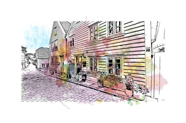 Print Building view with landmark of Stavanger is the city in Norway. Vektörde elle çizilmiş resim ile suluboya sıçraması. 