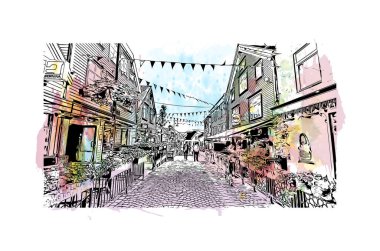 Print Building view with landmark of Stavanger is the city in Norway. Vektörde elle çizilmiş resim ile suluboya sıçraması. 