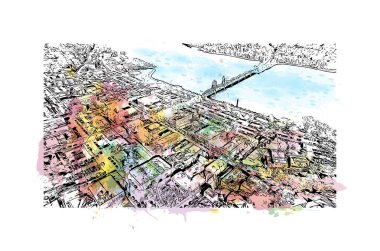 Stillwater, ABD 'de yer alan bir şehirdir. Vektörde elle çizilmiş resim ile suluboya sıçraması.