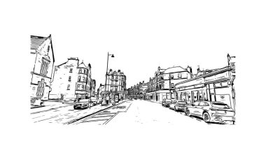 Stirling 'in simgesi olan Print Building Manzarası İngiltere' deki bir şehirdir. Vektörde elle çizilmiş çizim çizimi.