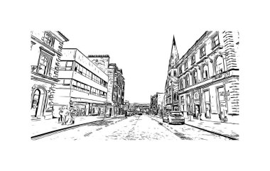 Stirling 'in simgesi olan Print Building Manzarası İngiltere' deki bir şehirdir. Vektörde elle çizilmiş çizim çizimi.