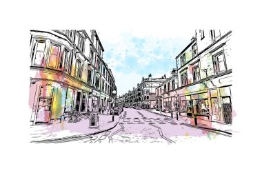 Stirling 'in simgesi olan Print Building Manzarası İngiltere' deki bir şehirdir. Vektörde elle çizilmiş resim ile suluboya sıçraması.