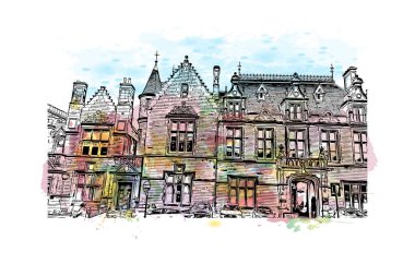 Stirling 'in simgesi olan Print Building Manzarası İngiltere' deki bir şehirdir. Vektörde elle çizilmiş resim ile suluboya sıçraması.