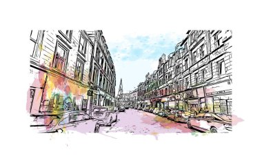 Stirling 'in simgesi olan Print Building Manzarası İngiltere' deki bir şehirdir. Vektörde elle çizilmiş resim ile suluboya sıçraması.