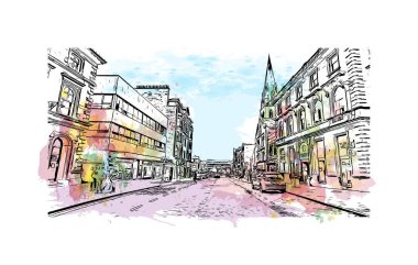 Stirling 'in simgesi olan Print Building Manzarası İngiltere' deki bir şehirdir. Vektörde elle çizilmiş resim ile suluboya sıçraması.