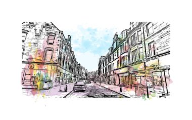 Stirling 'in simgesi olan Print Building Manzarası İngiltere' deki bir şehirdir. Vektörde elle çizilmiş resim ile suluboya sıçraması.