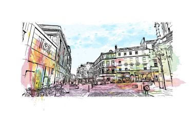 Stirling 'in simgesi olan Print Building Manzarası İngiltere' deki bir şehirdir. Vektörde elle çizilmiş resim ile suluboya sıçraması.