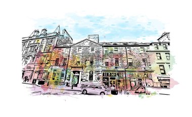 Stirling 'in simgesi olan Print Building Manzarası İngiltere' deki bir şehirdir. Vektörde elle çizilmiş resim ile suluboya sıçraması.