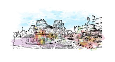 Stirling 'in simgesi olan Print Building Manzarası İngiltere' deki bir şehirdir. Vektörde elle çizilmiş resim ile suluboya sıçraması.