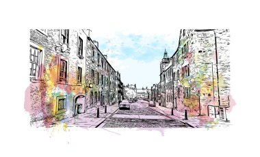 Stirling 'in simgesi olan Print Building Manzarası İngiltere' deki bir şehirdir. Vektörde elle çizilmiş resim ile suluboya sıçraması.